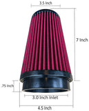 3.0" Inlet 7" Length 4.5" Narrow Width Low Clearance Performance Cone Air Filter