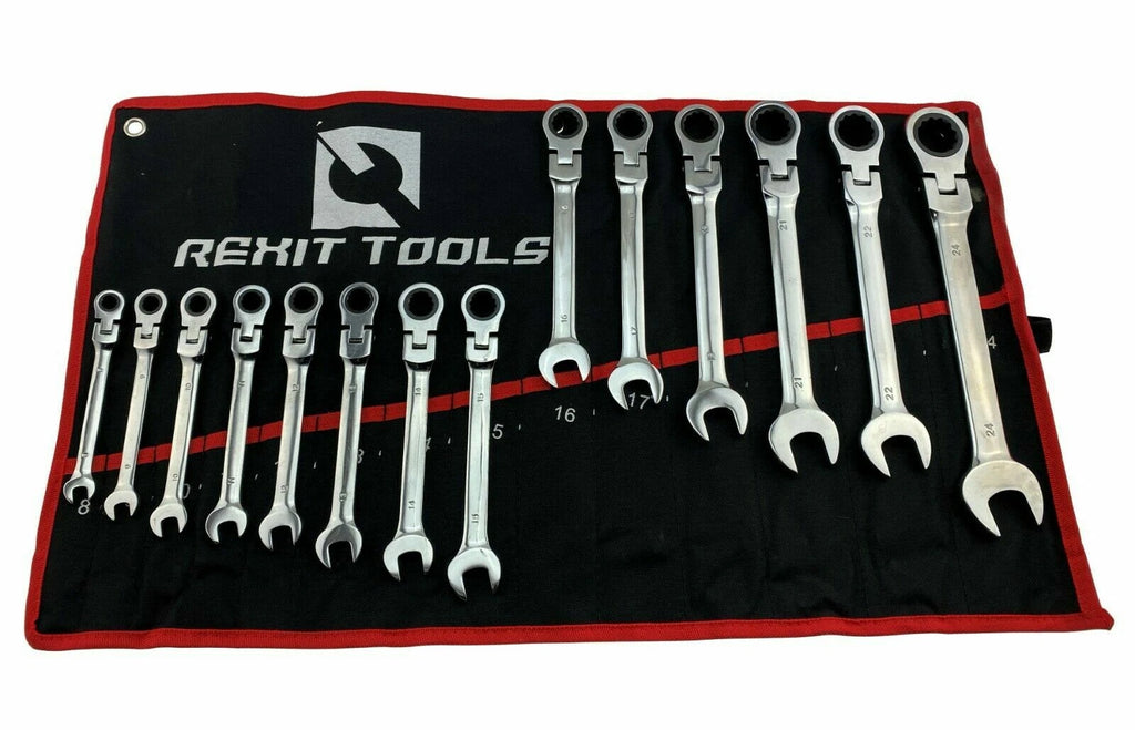 14 Pc 8-24mm Metric Flexible Head Ratcheting Wrench Combination Spanner Tool Set