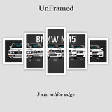 Canvas Printed Poster 5 Pieces HD Automotive M3 M5 Euro / European Sport Car Paintings Wall Art Pictures Modular Frame