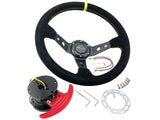 350mm Offset Racing Yellow Stitched Suede Steering Wheel & FLIP UP Quick Release