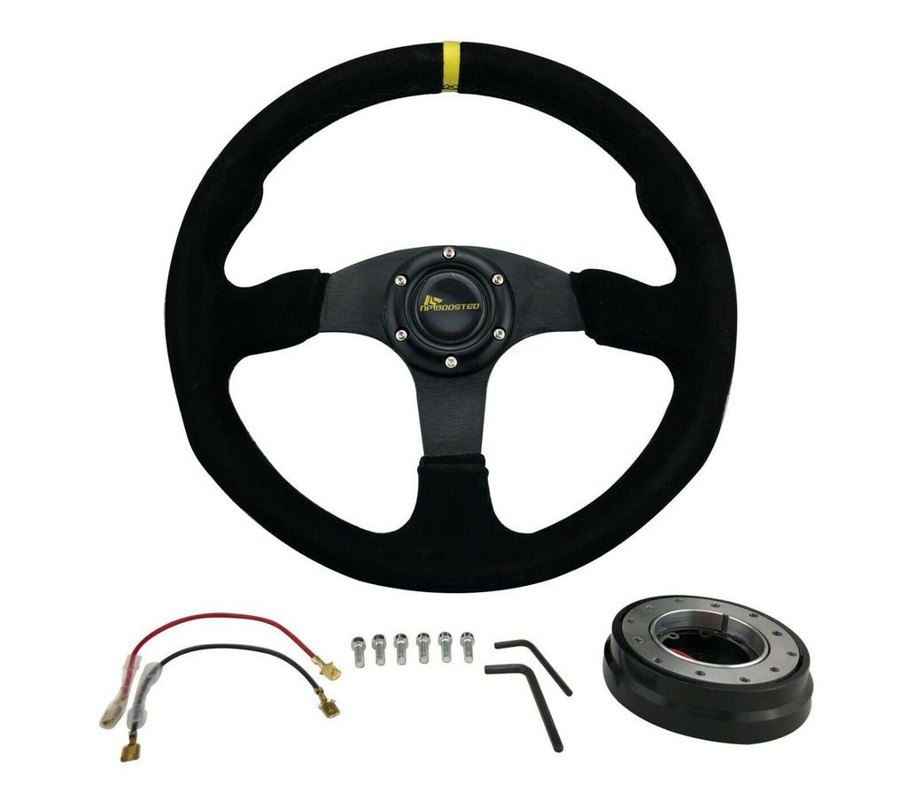 14" Black Suede Flat Race Steering Wheel & Quick Release Hub for Honda Acura JDM